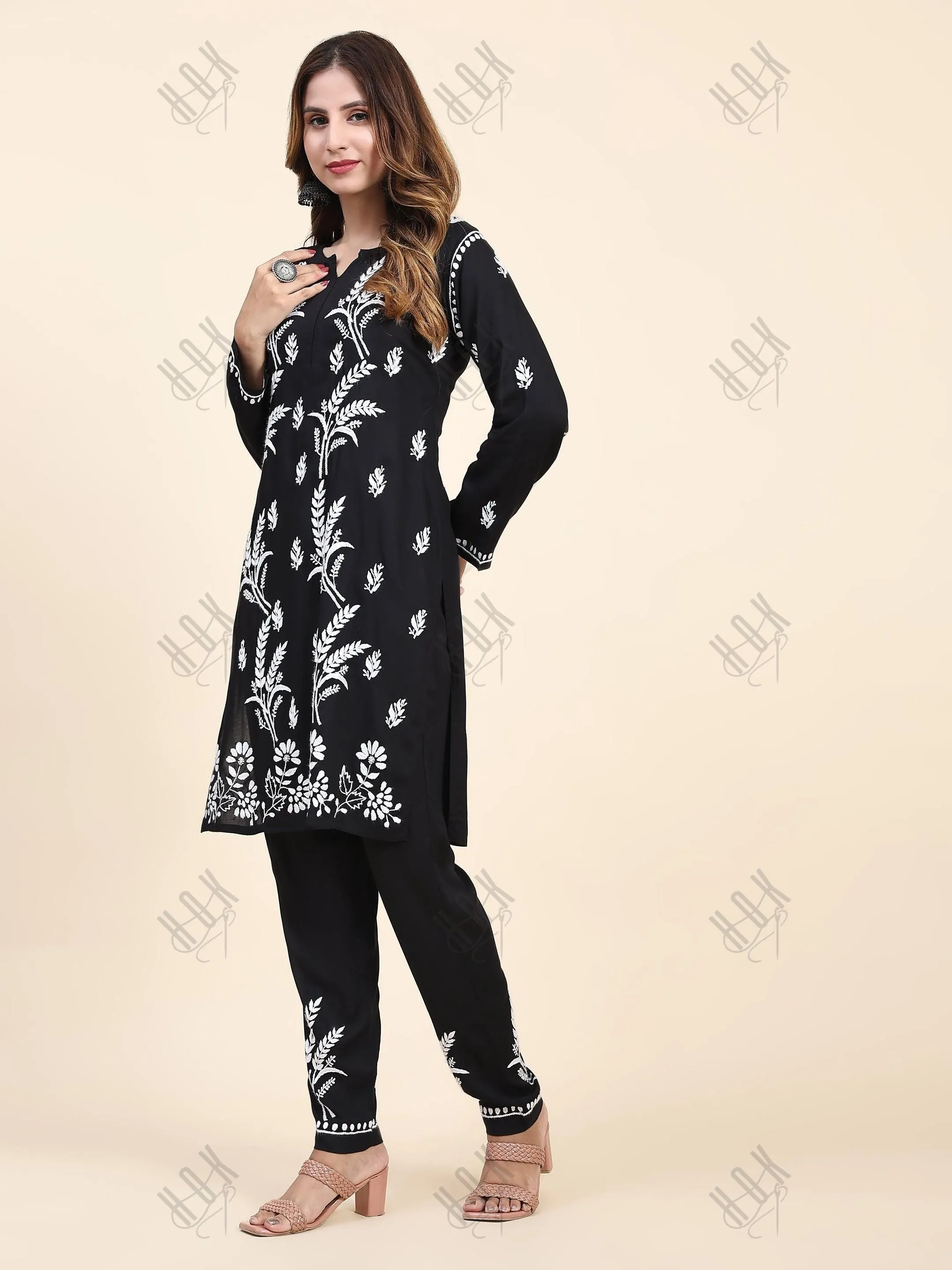 Fizaa Chikankari  Short Modal Kurta Set - Black