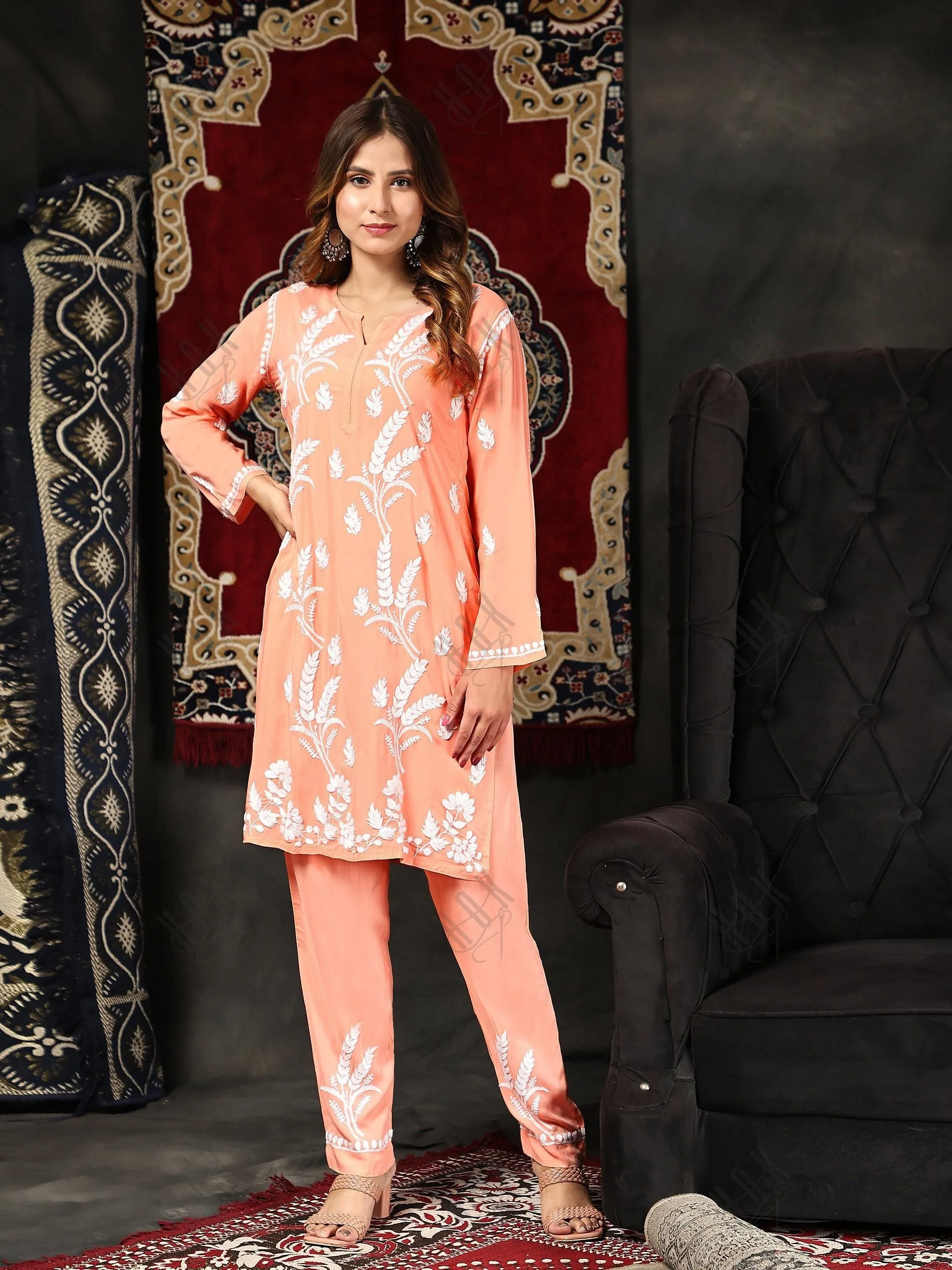 Fizaa Chikankari  Short Modal Kurta Set - Peach