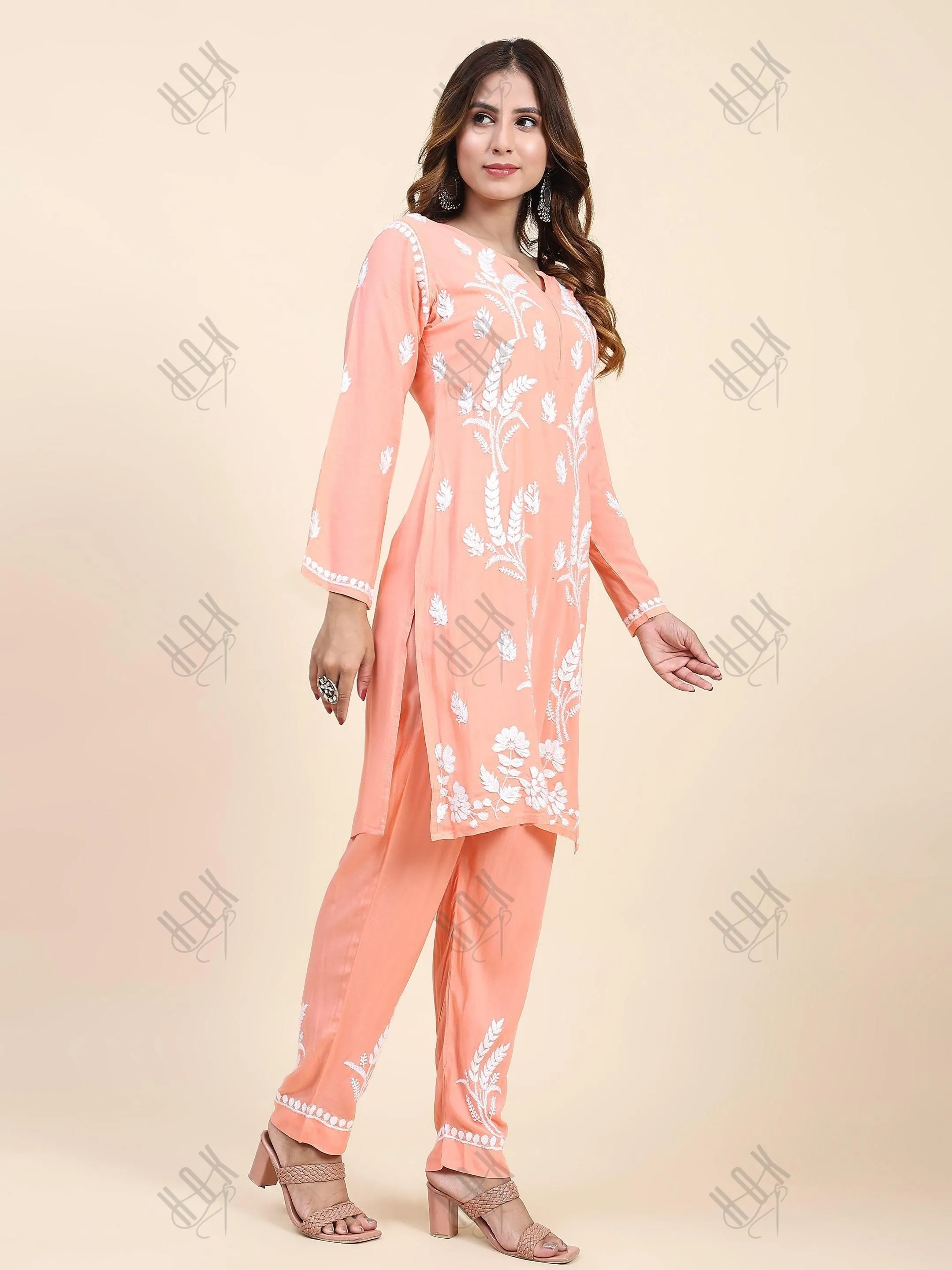 Fizaa Chikankari  Short Modal Kurta Set - Peach