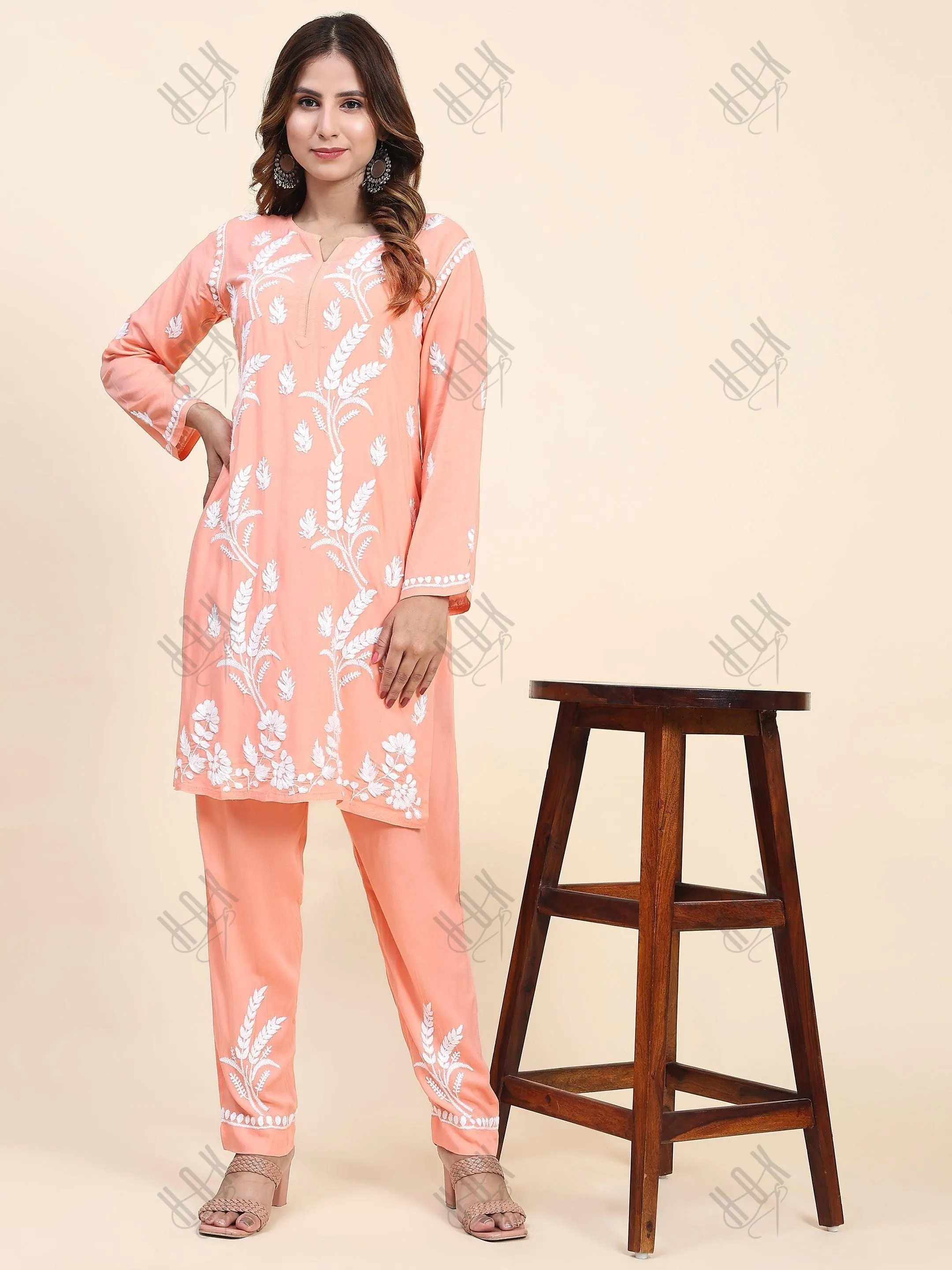 Fizaa Chikankari  Short Modal Kurta Set - Peach