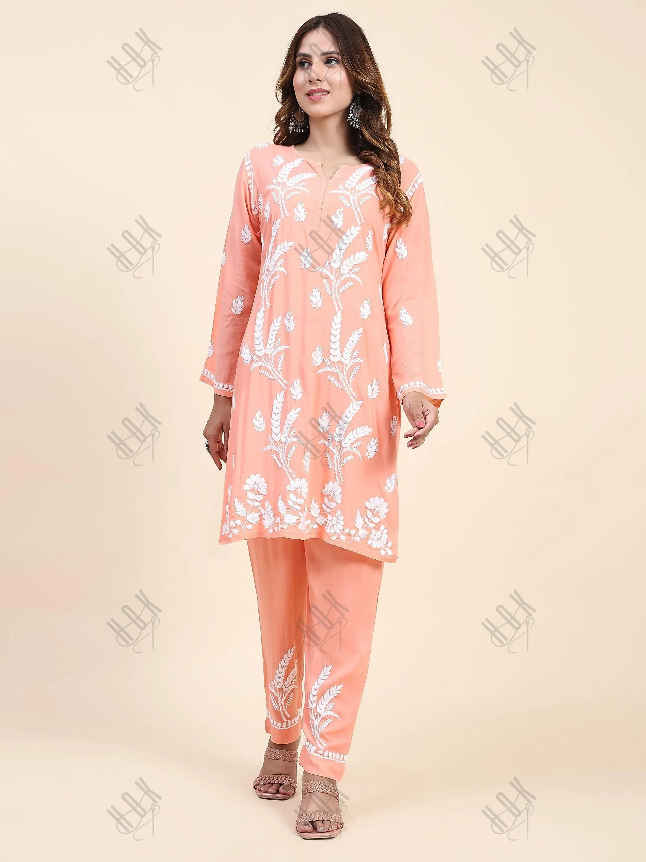 Fizaa Chikankari  Short Modal Kurta Set - Peach