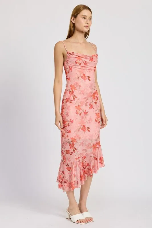 FLORAL ASYMMETRICAL DRESS WITH RUFFLE DETAIL