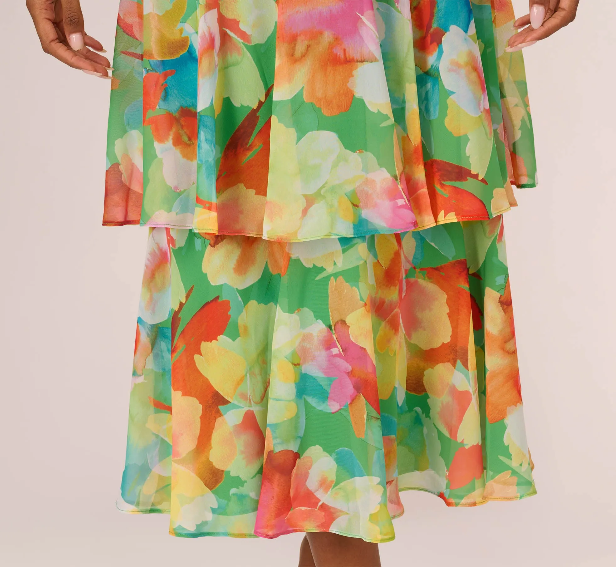 Floral Chiffon Tiered Dress With Flutter Short Sleeves In Green Multi