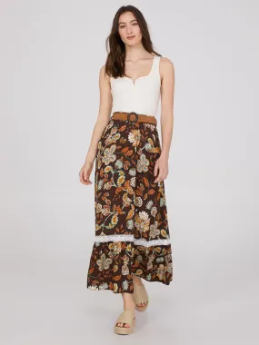 Floral Print Belted Maxi Skirt With Lace Trim