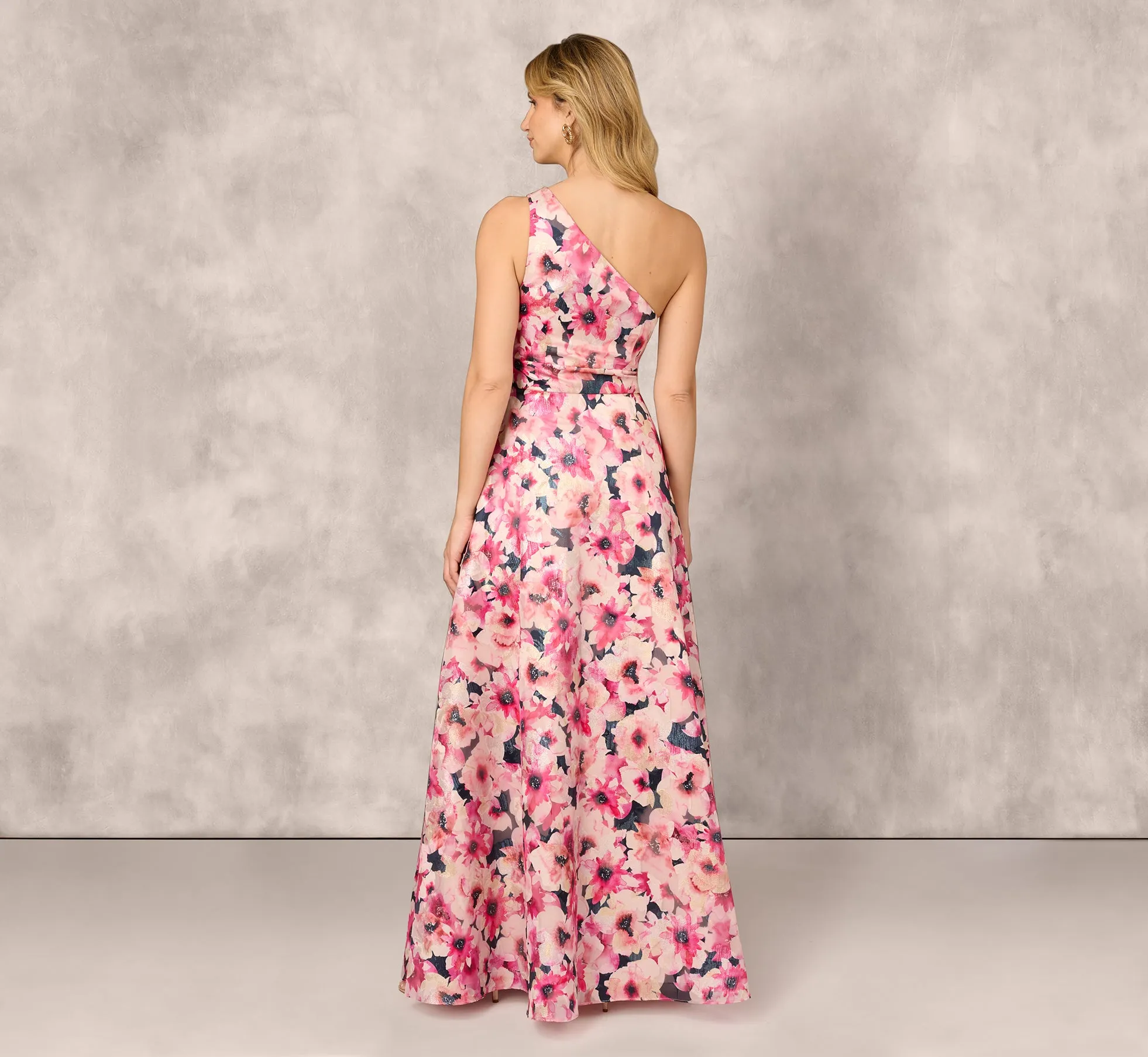 Floral Print Jacquard One Shoulder Ball Gown In Hot Pink Multi