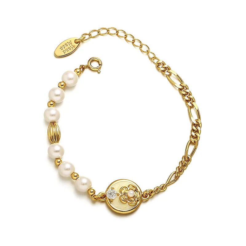 Flower Coin Pearls Chain Bracelet