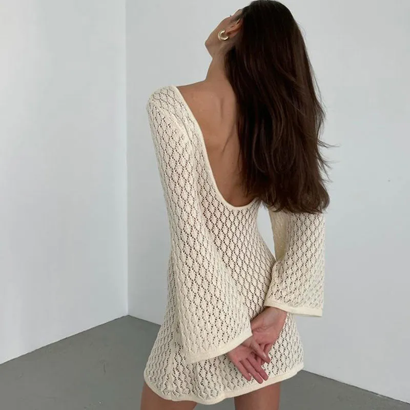 Flowy V Neck Duo Cut out Bell Sleeve Summer Crochet Knit Mini Dress