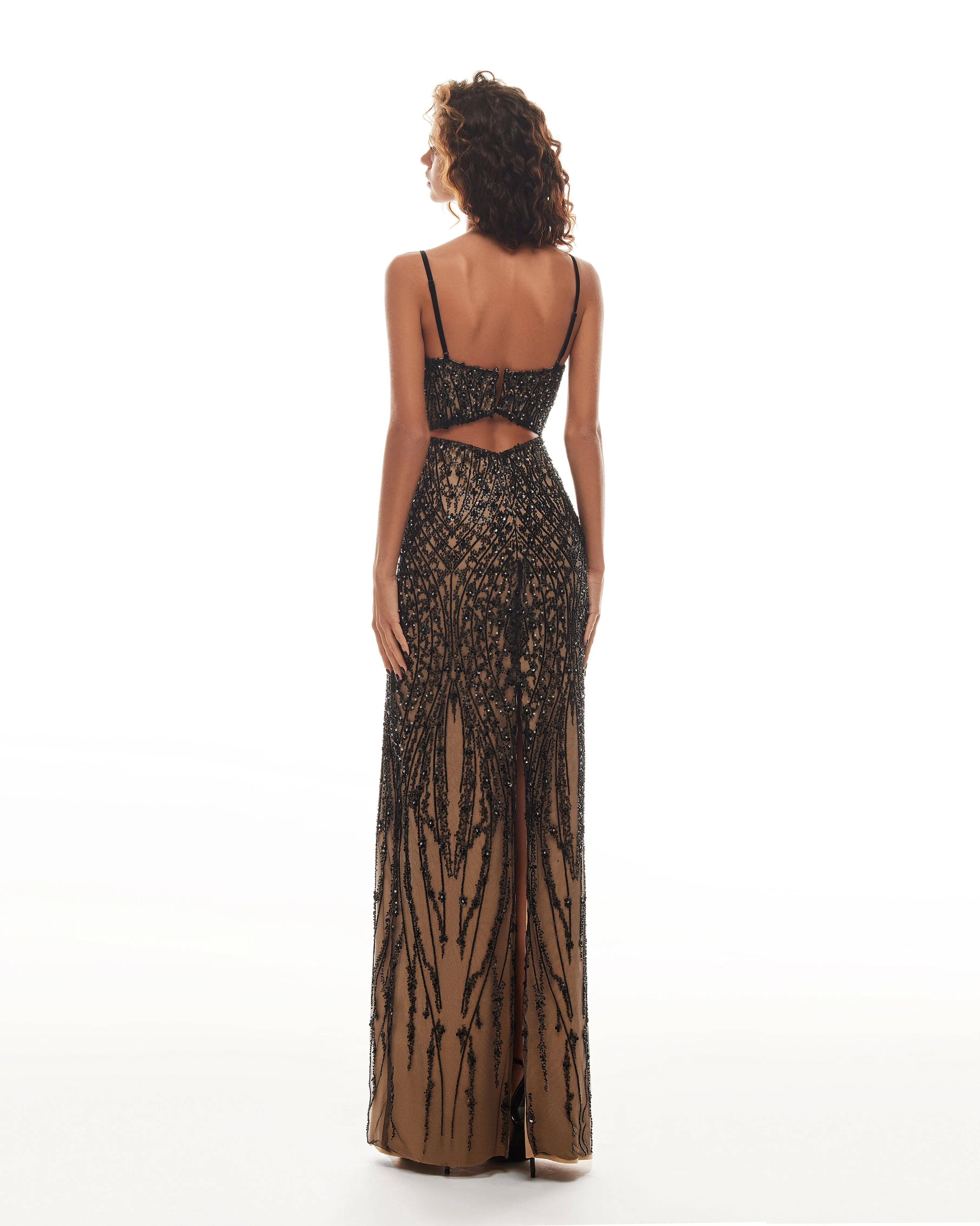 Gala-worthy beige maxi dress covered in black sequined ornament, Smoky Quartz