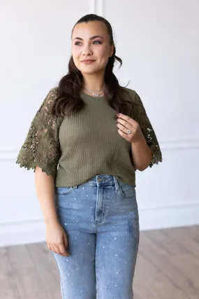 Garden Romance Waffle Knit Top in Olive