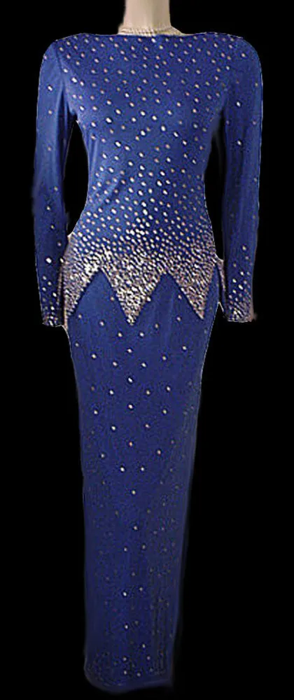 GORGEOUS '70s / 80s ROSE TAFT COUTURE FASHIONS RHINESTONE ENCRUSTED EVENING GOWN IN "NIGHTS IN PARIS BLUE"