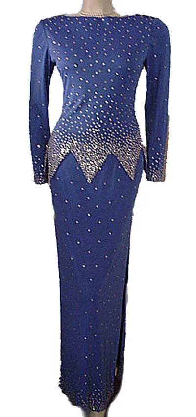 GORGEOUS '70s / 80s ROSE TAFT COUTURE FASHIONS RHINESTONE ENCRUSTED EVENING GOWN IN "NIGHTS IN PARIS BLUE"