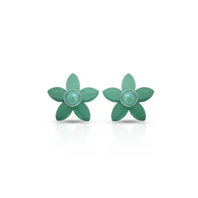 Green Flower Stud Silver Earrings with Pearl Center