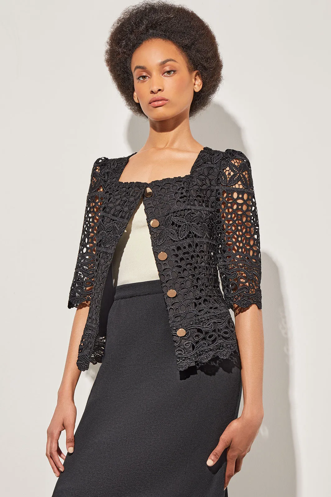 Guipure Lace Gold Button-Front Tailored Jacket