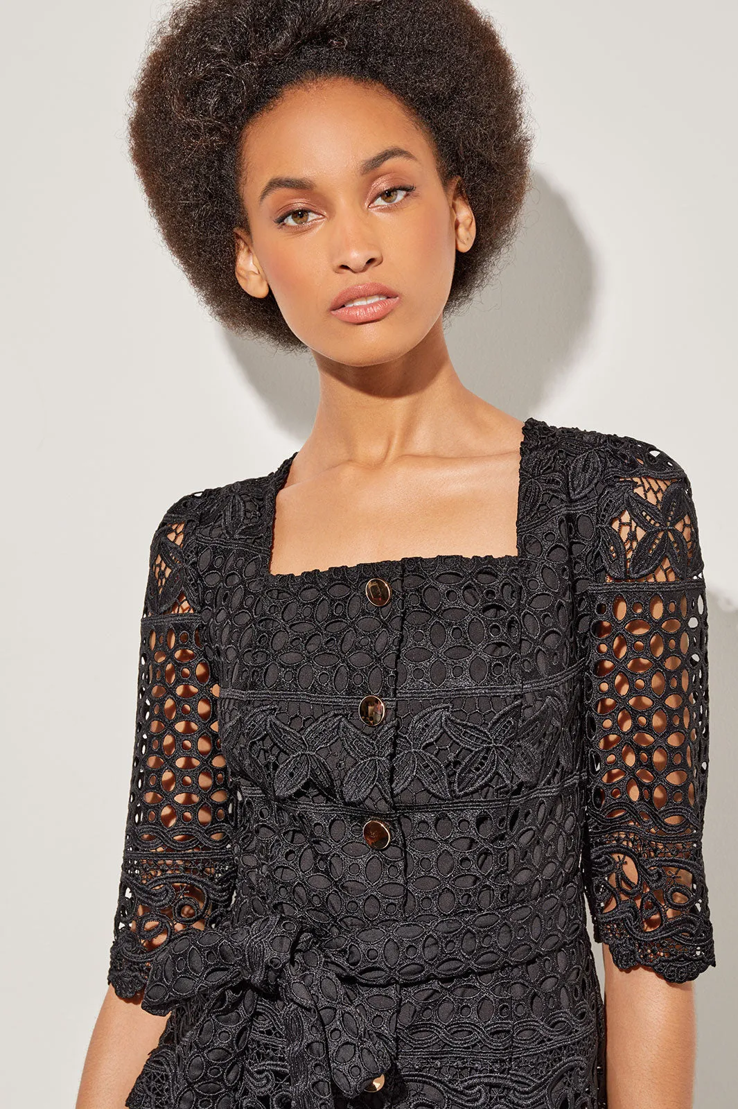 Guipure Lace Gold Button-Front Tailored Jacket