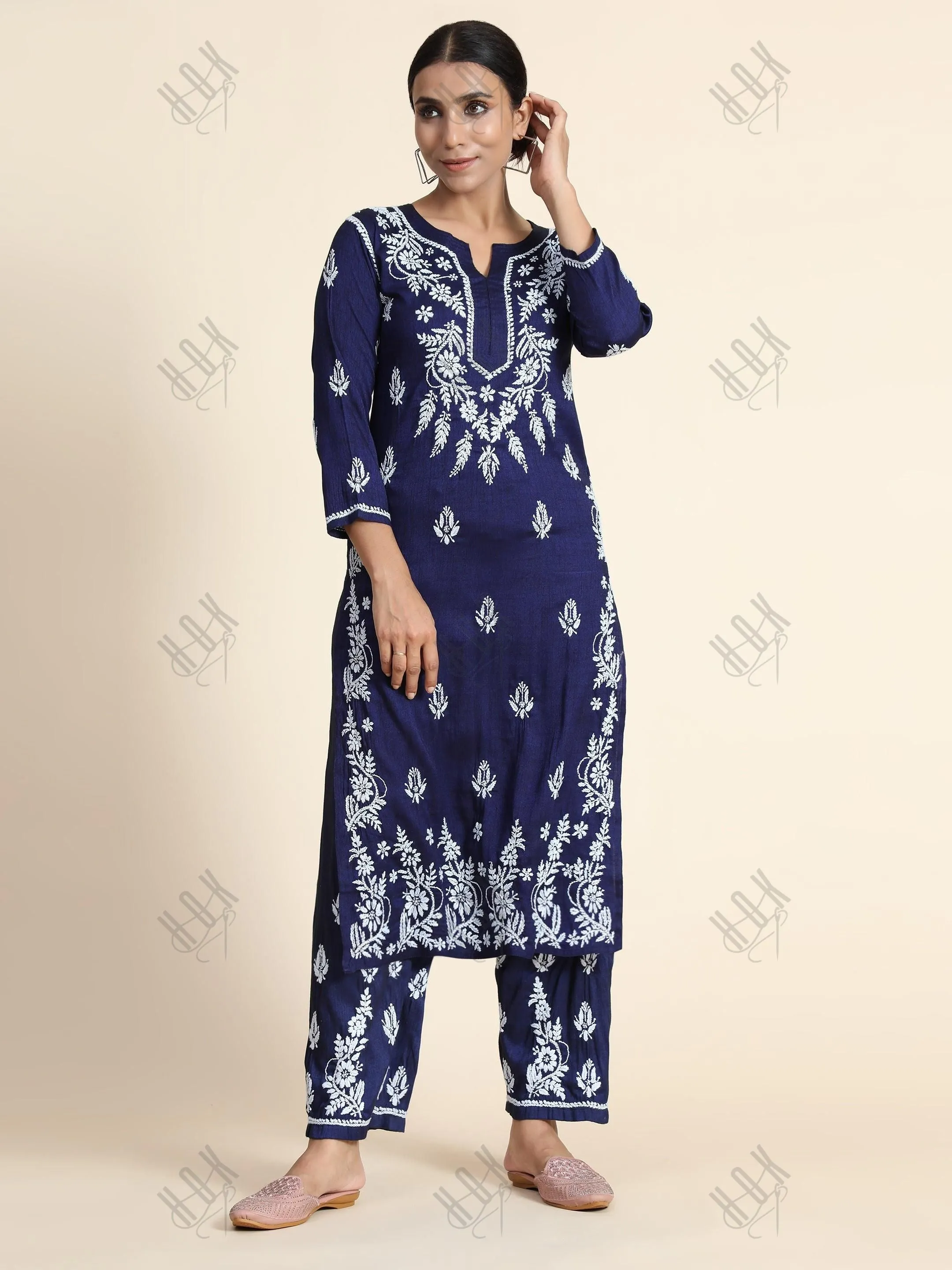 Hand Embroidery Chikankari CO-ORD set  for Women In Navy Blue