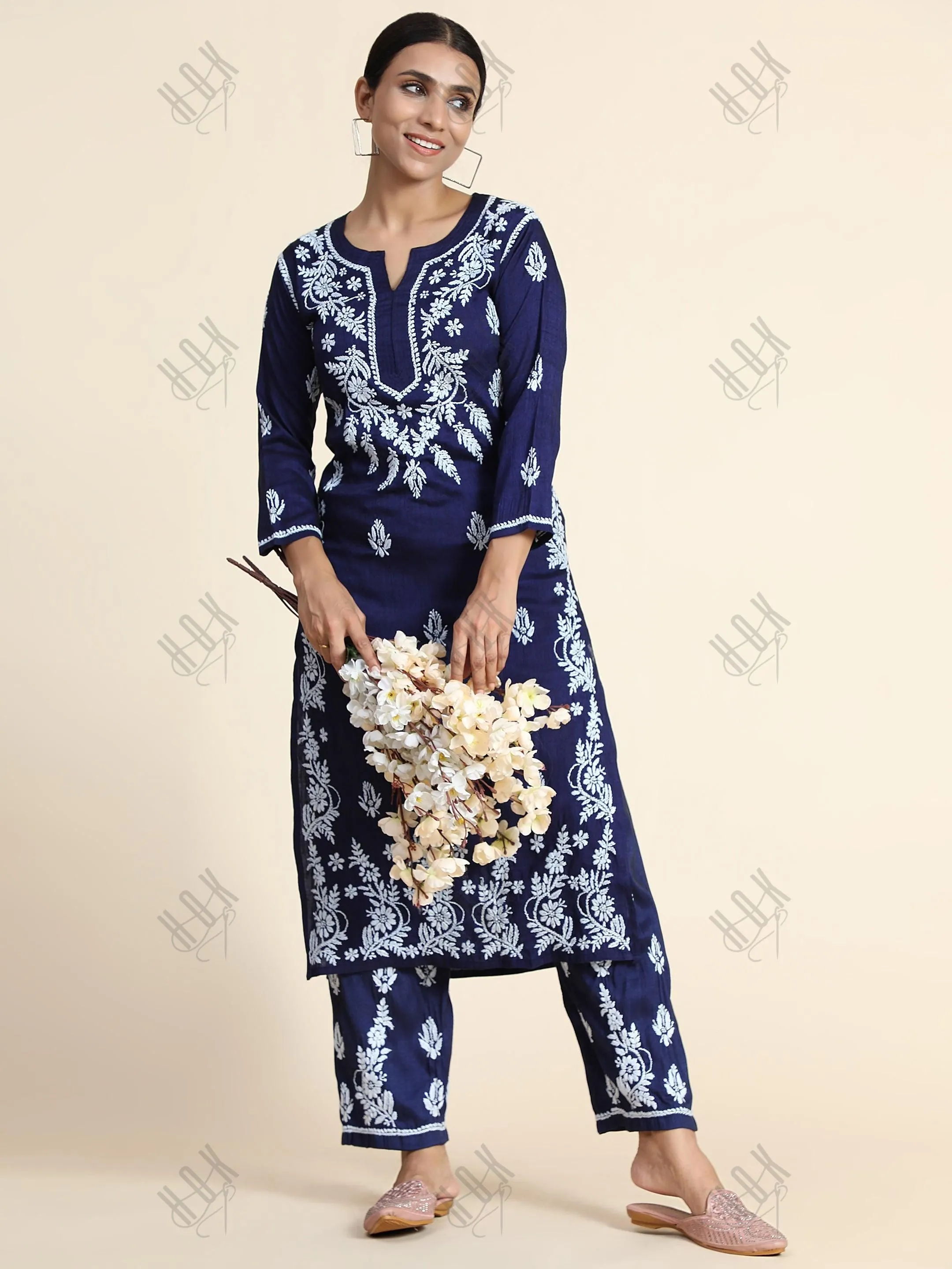 Hand Embroidery Chikankari CO-ORD set  for Women In Navy Blue