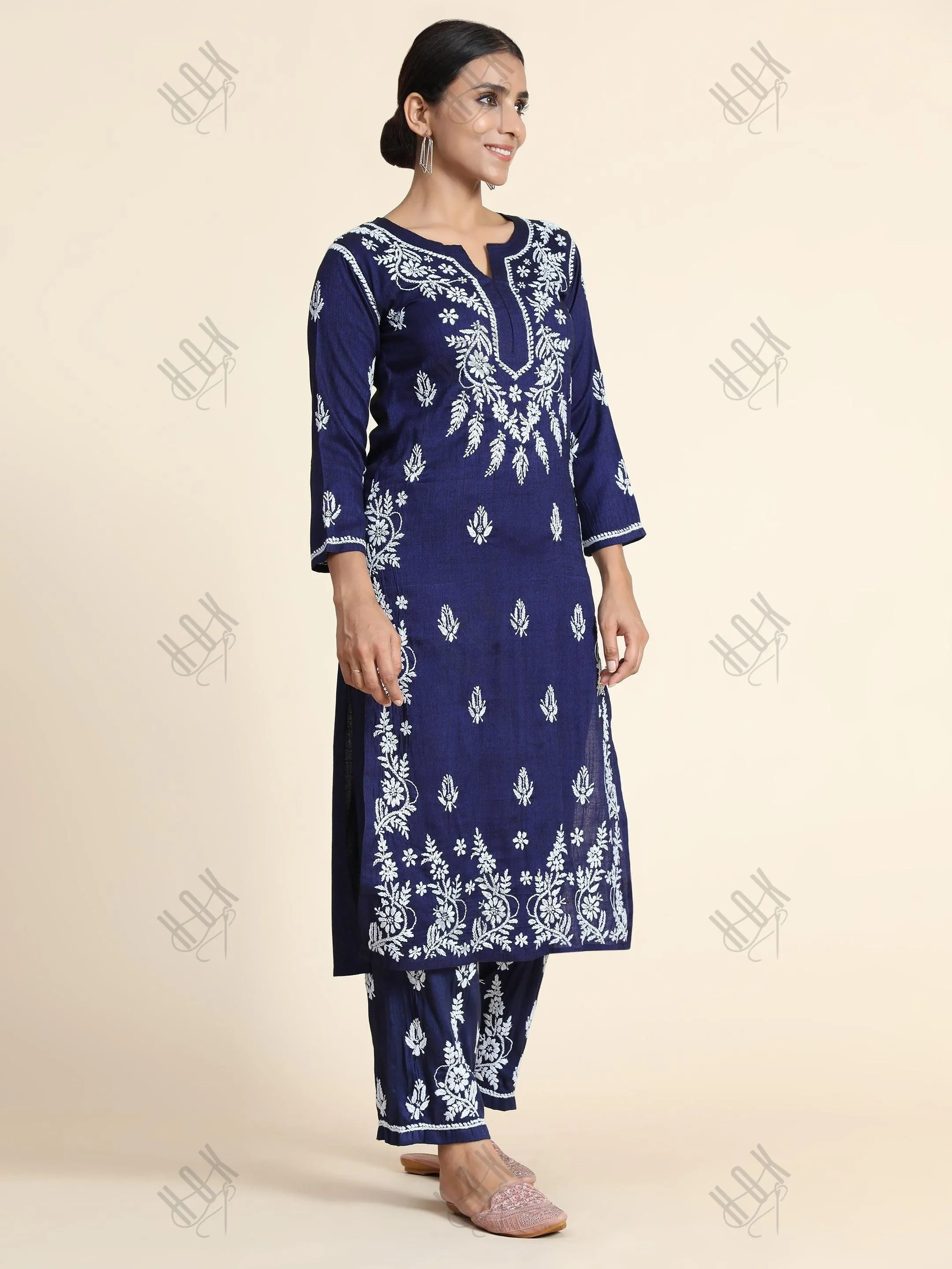 Hand Embroidery Chikankari CO-ORD set  for Women In Navy Blue