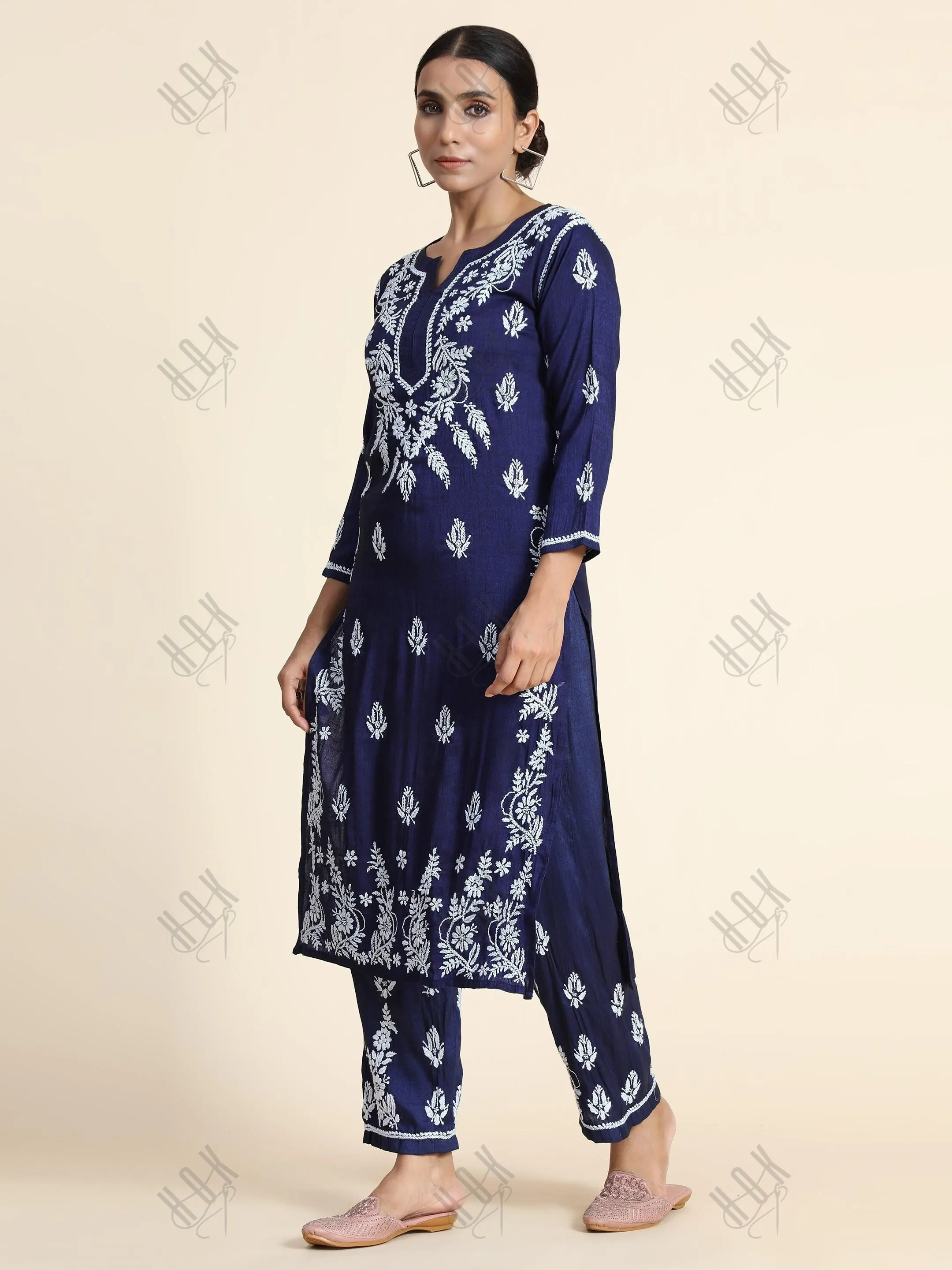 Hand Embroidery Chikankari CO-ORD set  for Women In Navy Blue