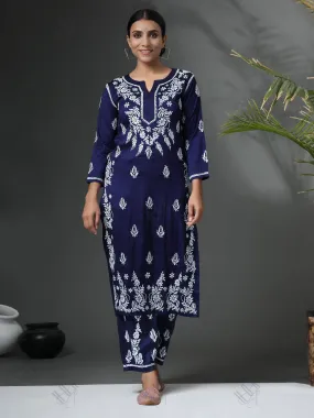 Hand Embroidery Chikankari CO-ORD set  for Women In Navy Blue