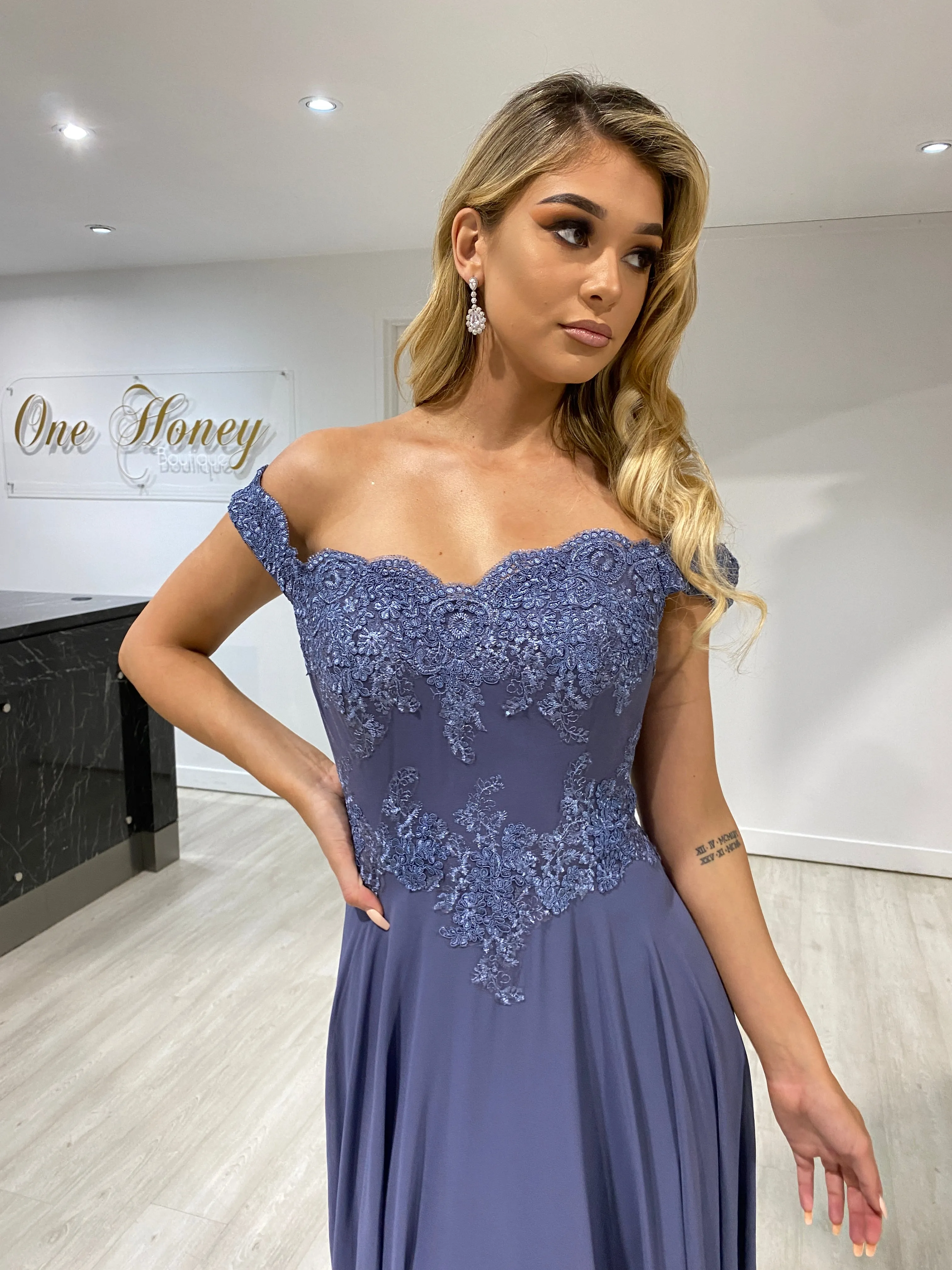 Honey Couture CARMEN Smokey Blue Lace Applique Chiffon Bridesmaid Formal Dress