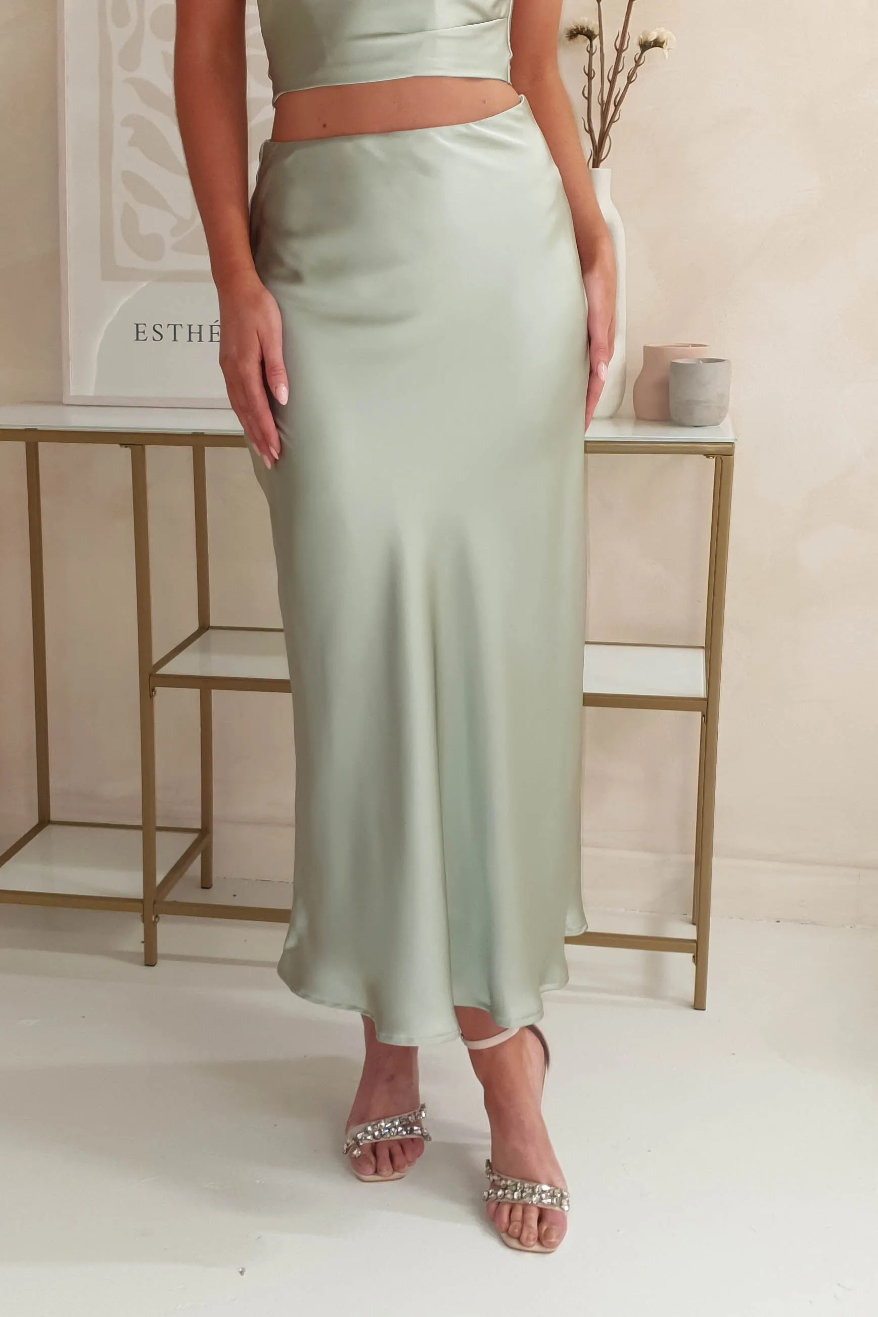 Imogen Satin Maxi Skirt | Sage