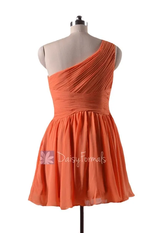 In stock,Ready to Ship - Mini Length One Shoulder Chiffon Bridesmaid Dress (BM351N)- (#22 Orange)