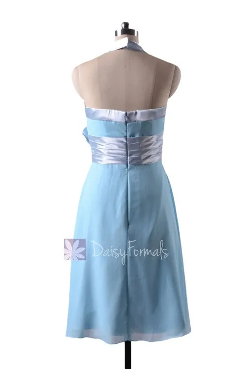 In stock,Ready to Ship - Short Halter Sky Blue Chiffon Bridesmaid Dress(BM8529) - (#39 Sky Blue, Sz4)