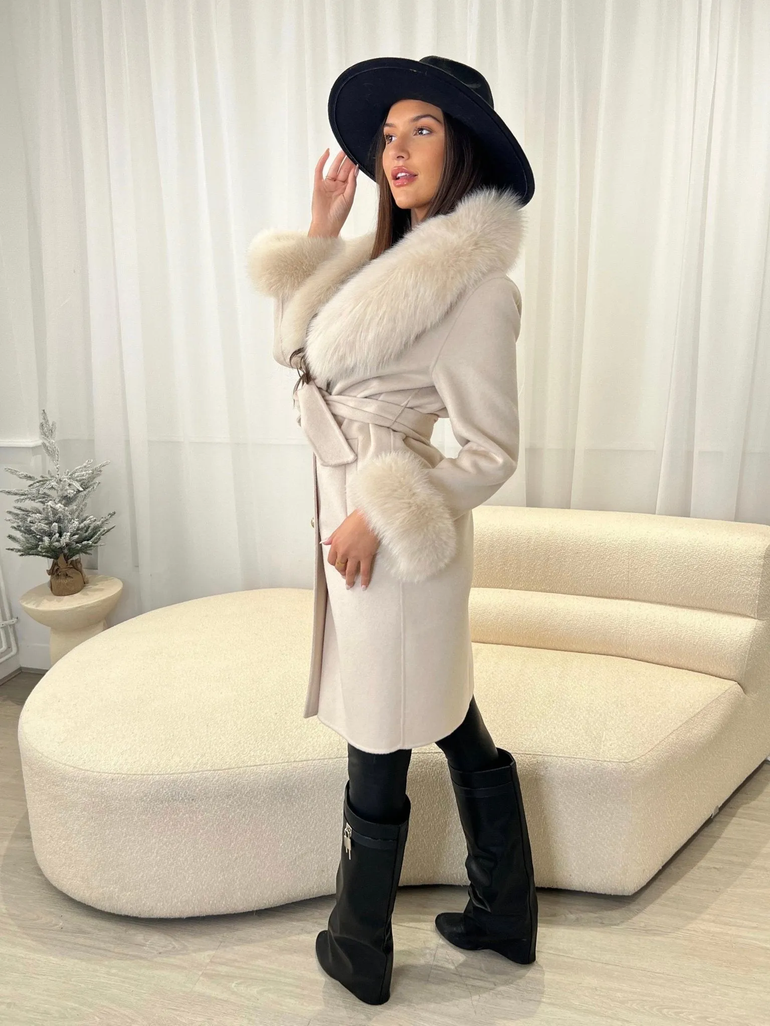 Light Beige Luxury Fur Cashmere Coat