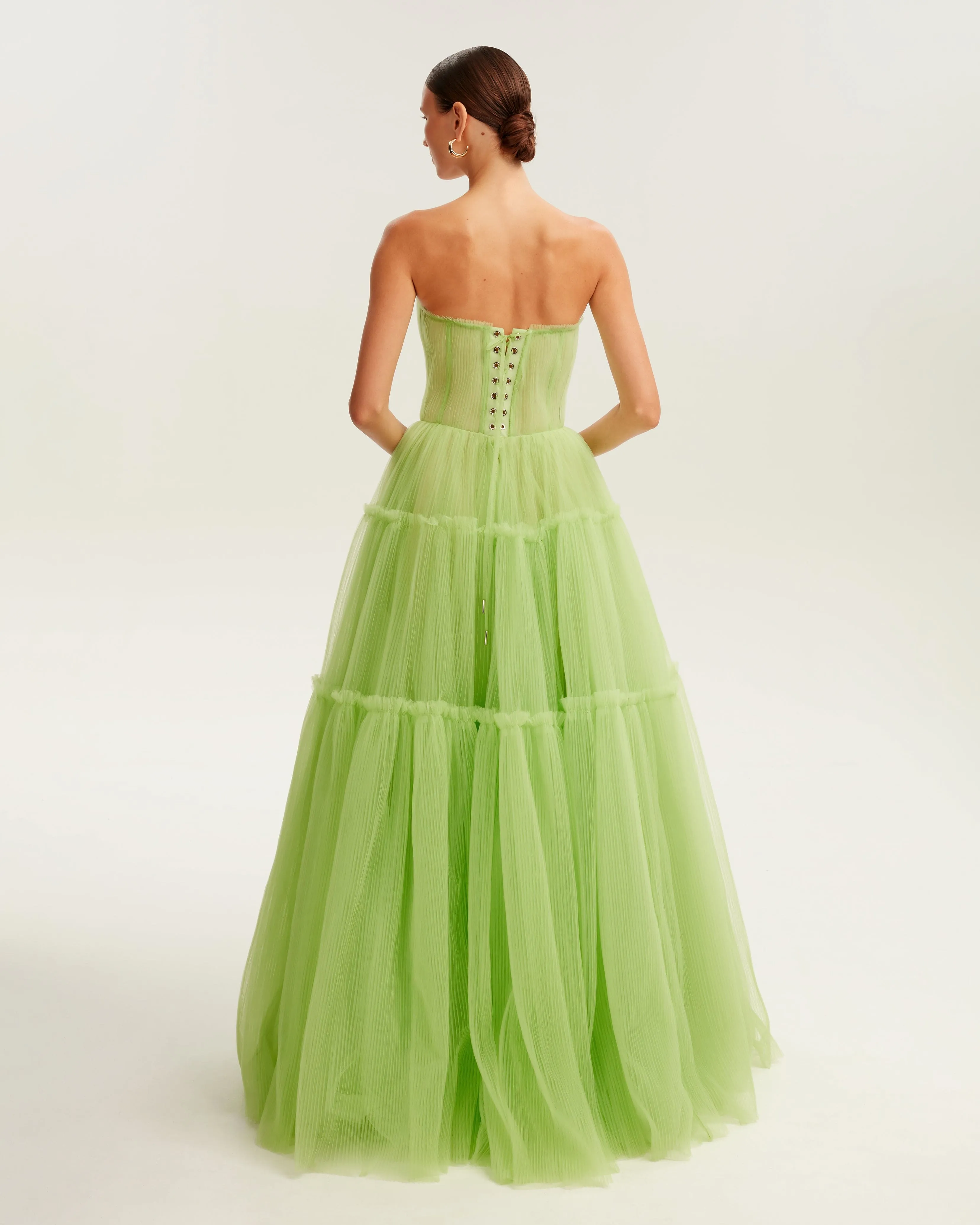 Light green tulle maxi dress with ruffled skirt, Garden of Eden