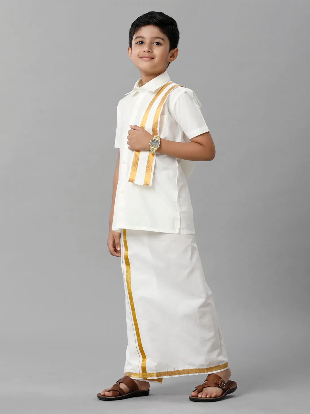 Like Father Like Son Full Sleeves Cream Shirt Dhoti & Towel Set Combo