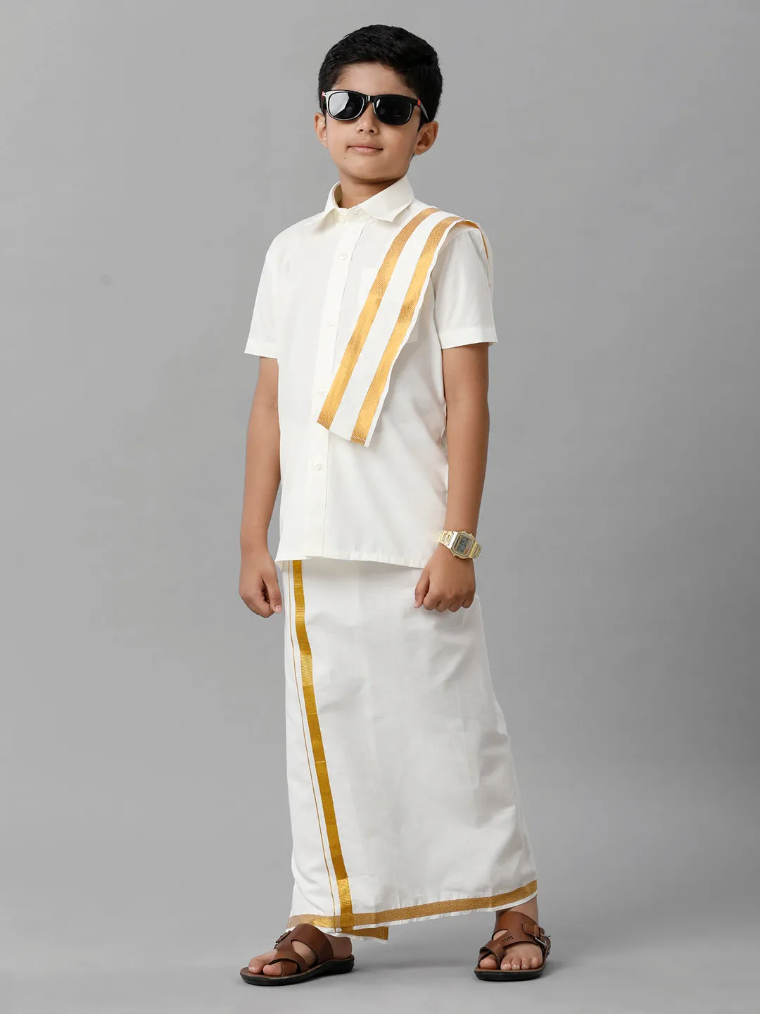 Like Father Like Son Full Sleeves Cream Shirt Dhoti & Towel Set Combo