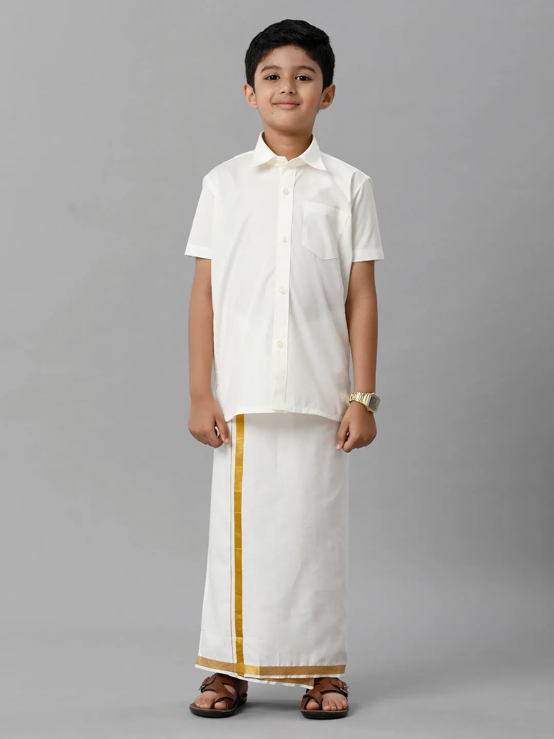 Like Father Like Son Full Sleeves Cream Shirt Dhoti Set Combo