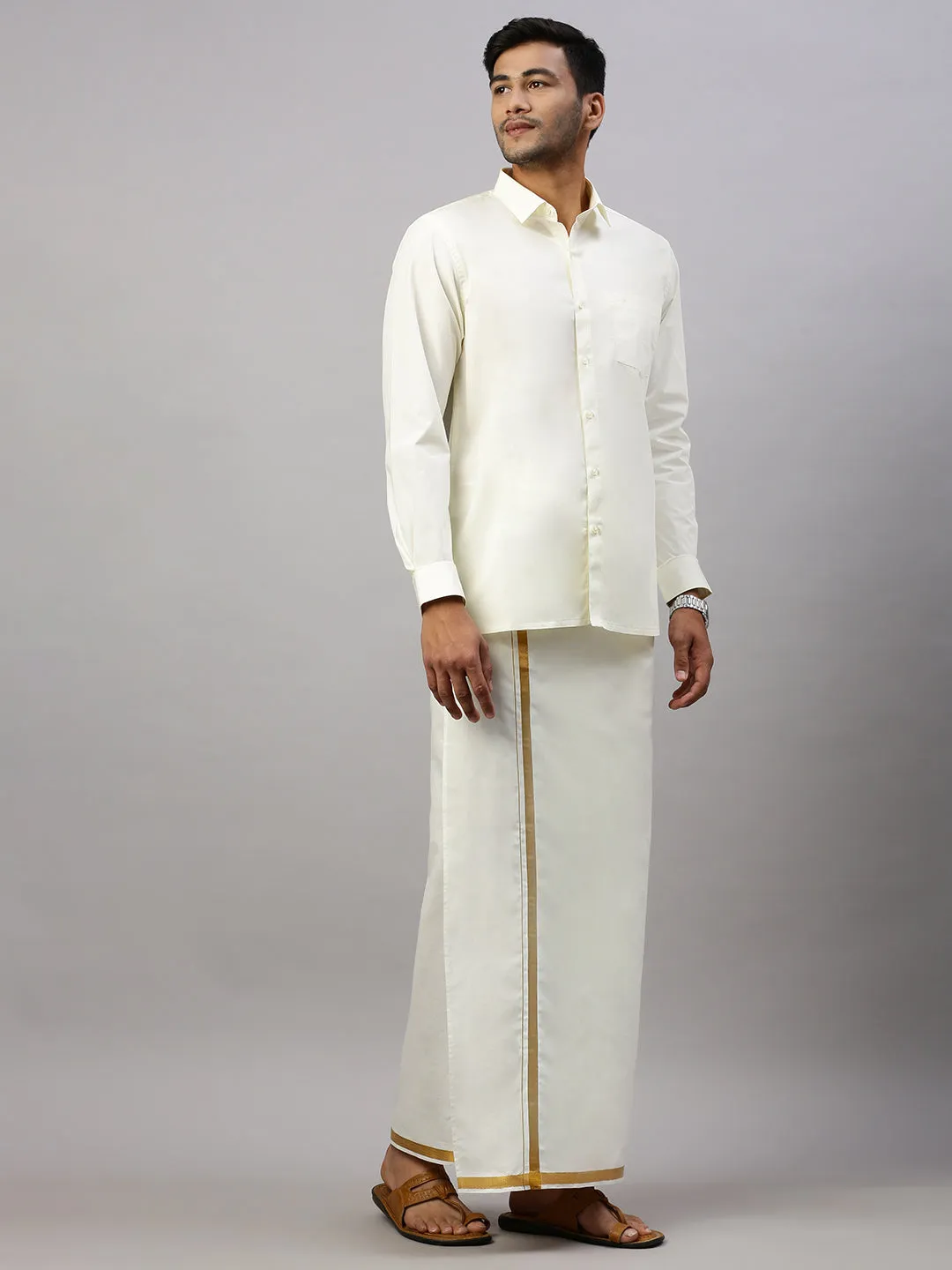 Like Father Like Son Full Sleeves Cream Shirt Dhoti Set Combo