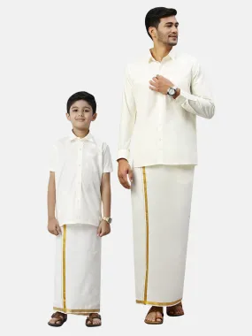 Like Father Like Son Full Sleeves Cream Shirt Dhoti Set Combo