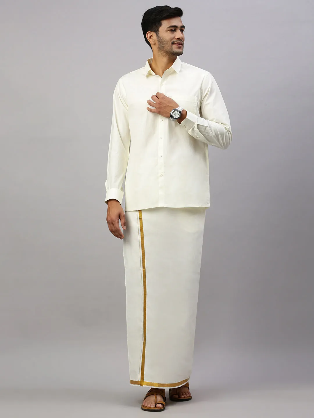 Like Father Like Son Full Sleeves Cream Shirt Dhoti Set Combo