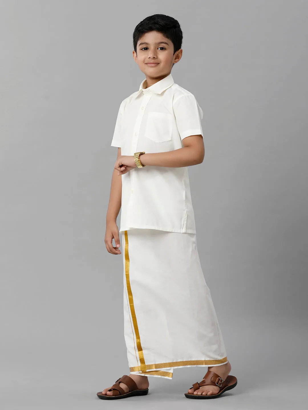 Like Father Like Son Full Sleeves Cream Shirt Dhoti Set Combo