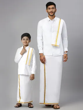 Like Father Like Son Full Sleeves White Shirt Dhoti & Towel Set Combo