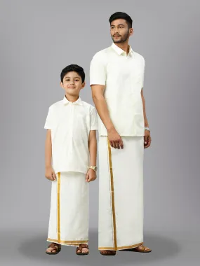 Like Father Like Son Half Sleeves Cream Shirt Dhoti Set Combo