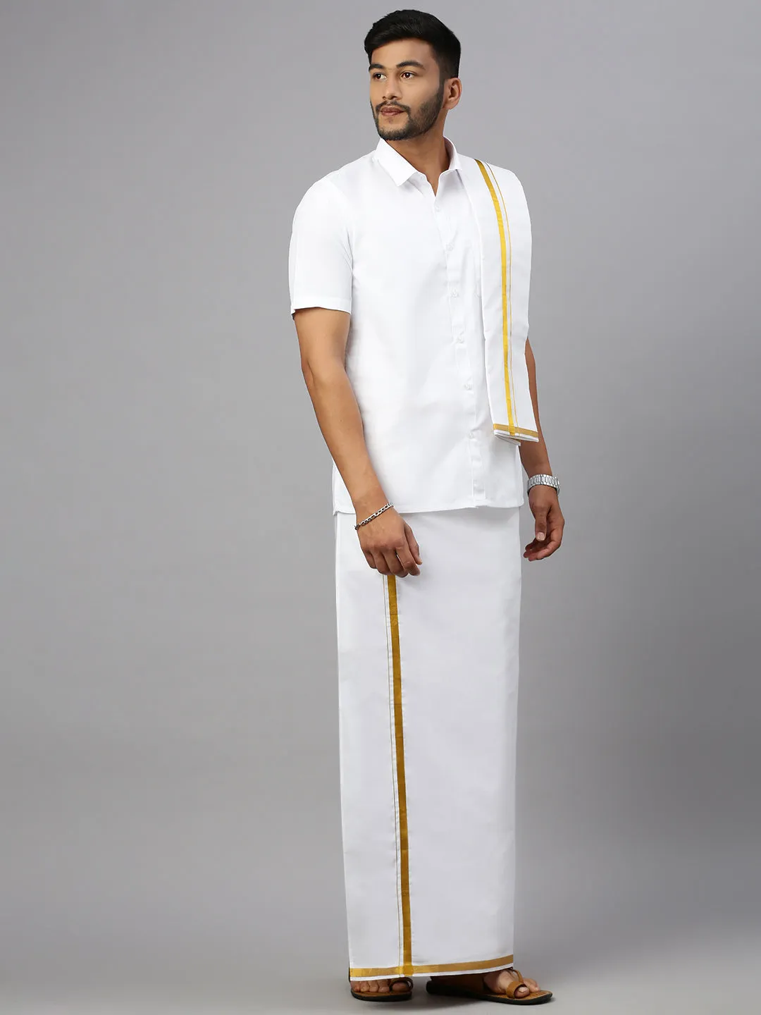 Like Father Like Son Half Sleeves White Shirt Dhoti & Towel Set Combo