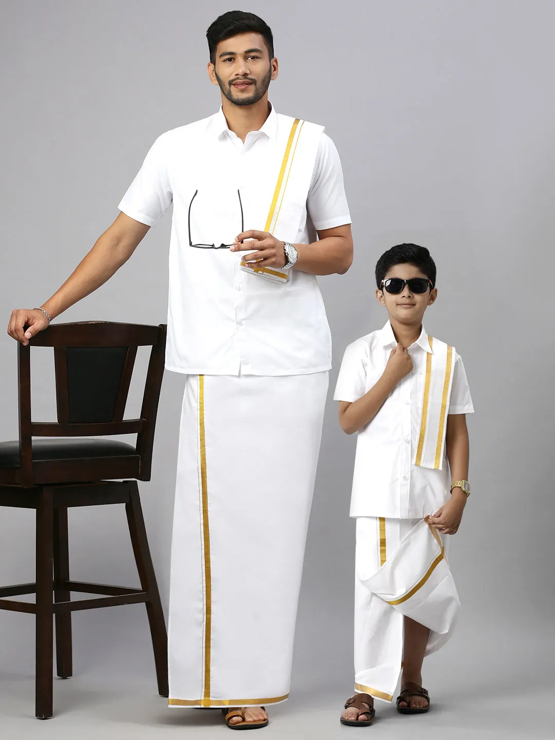 Like Father Like Son Half Sleeves White Shirt Dhoti & Towel Set Combo