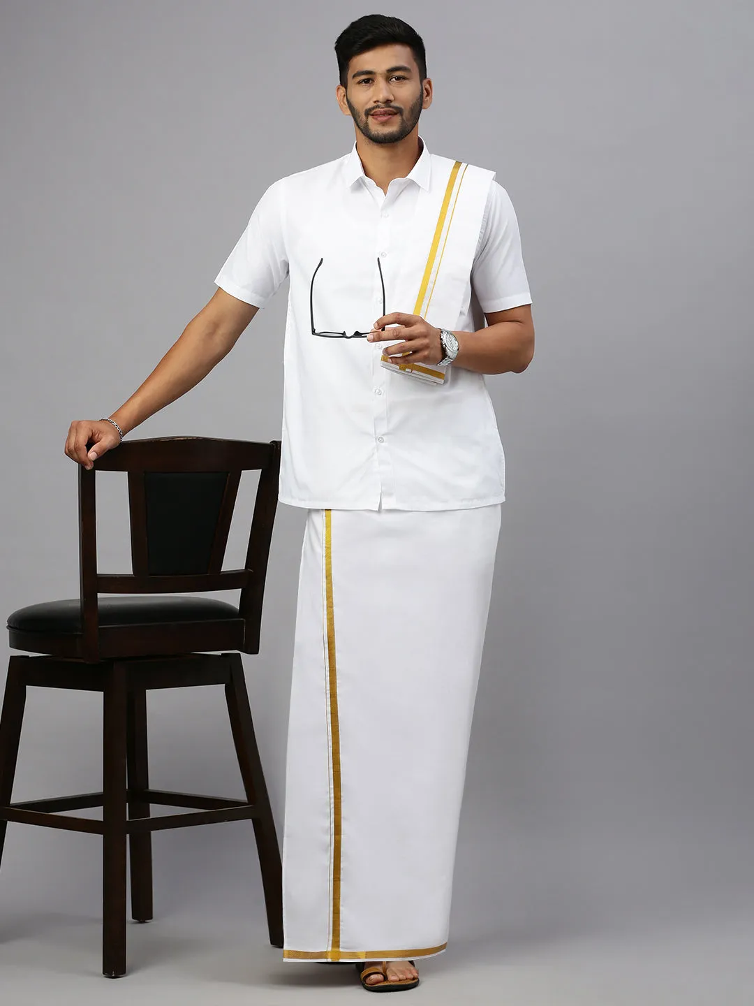 Like Father Like Son Half Sleeves White Shirt Dhoti & Towel Set Combo