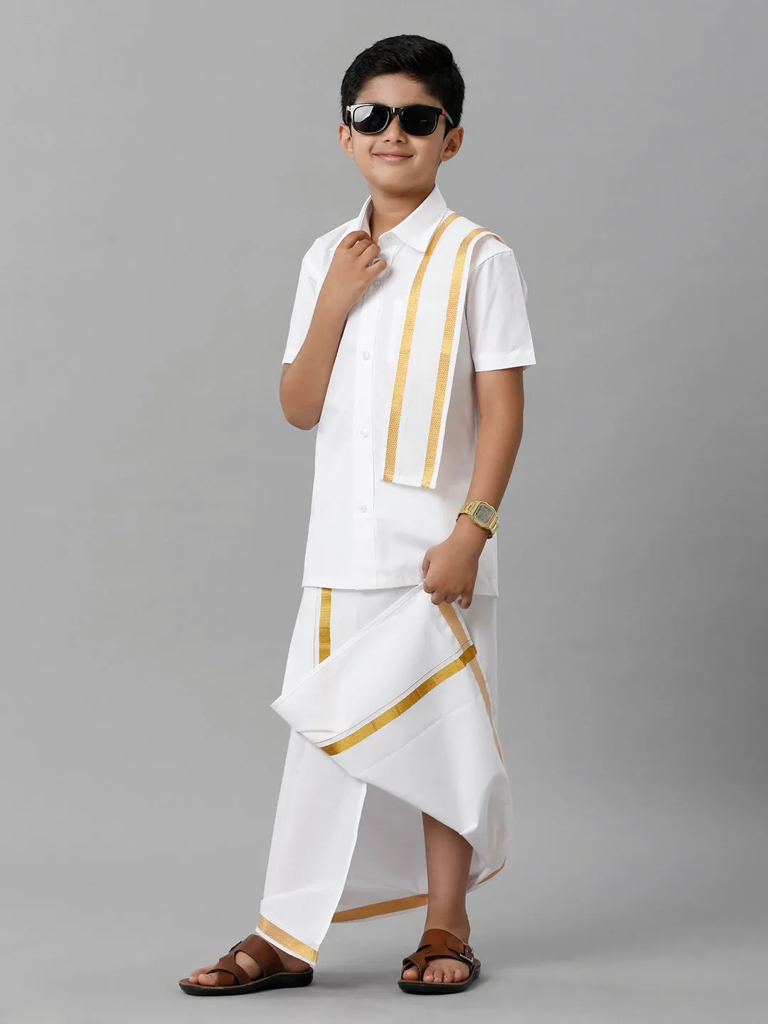 Like Father Like Son Half Sleeves White Shirt Dhoti & Towel Set Combo