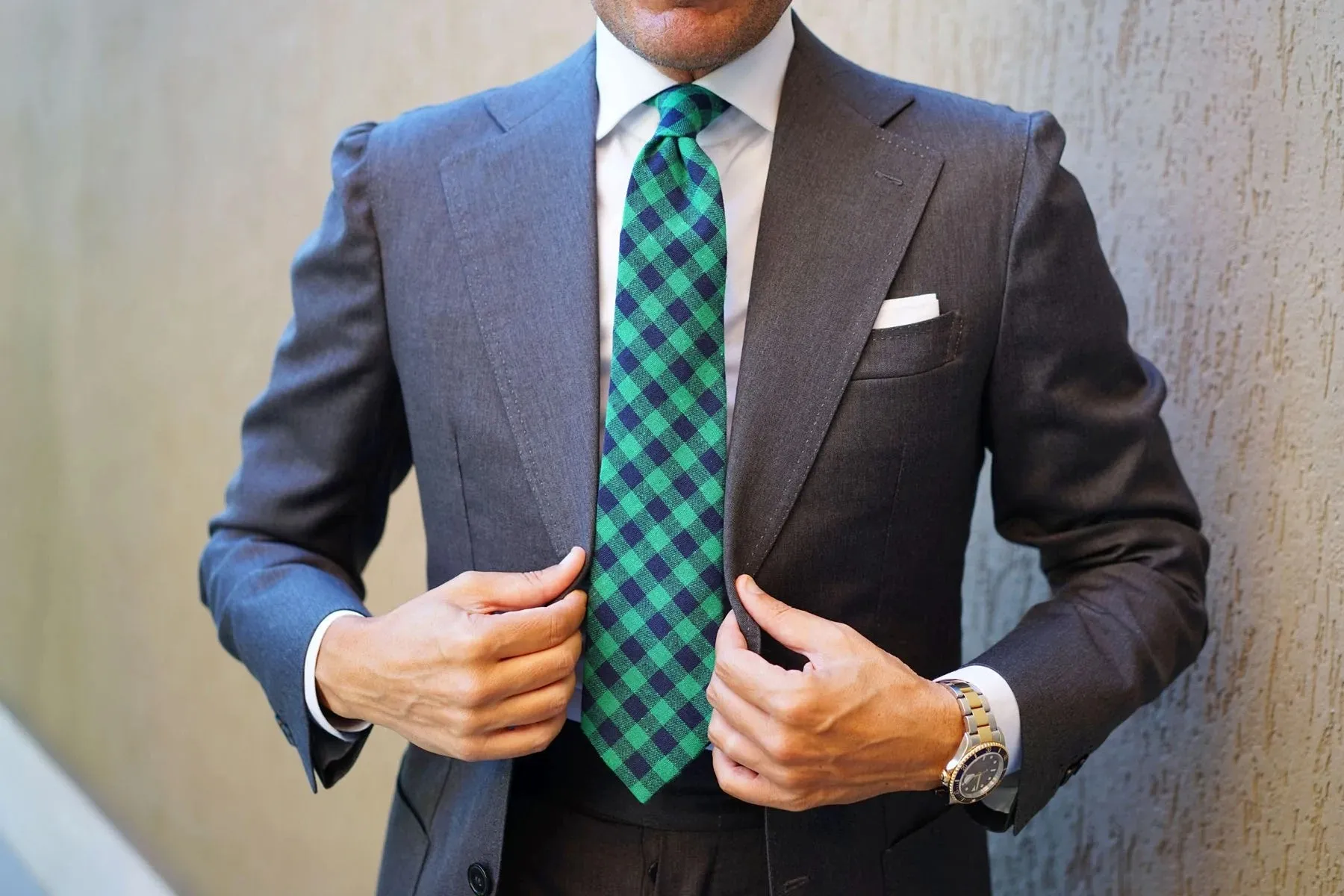 Linen Tie - Check - Navy & Green