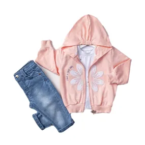 Little Girls' Colorful Hoodie Jacket, Jeans and T-Shirt 3-Piece Set