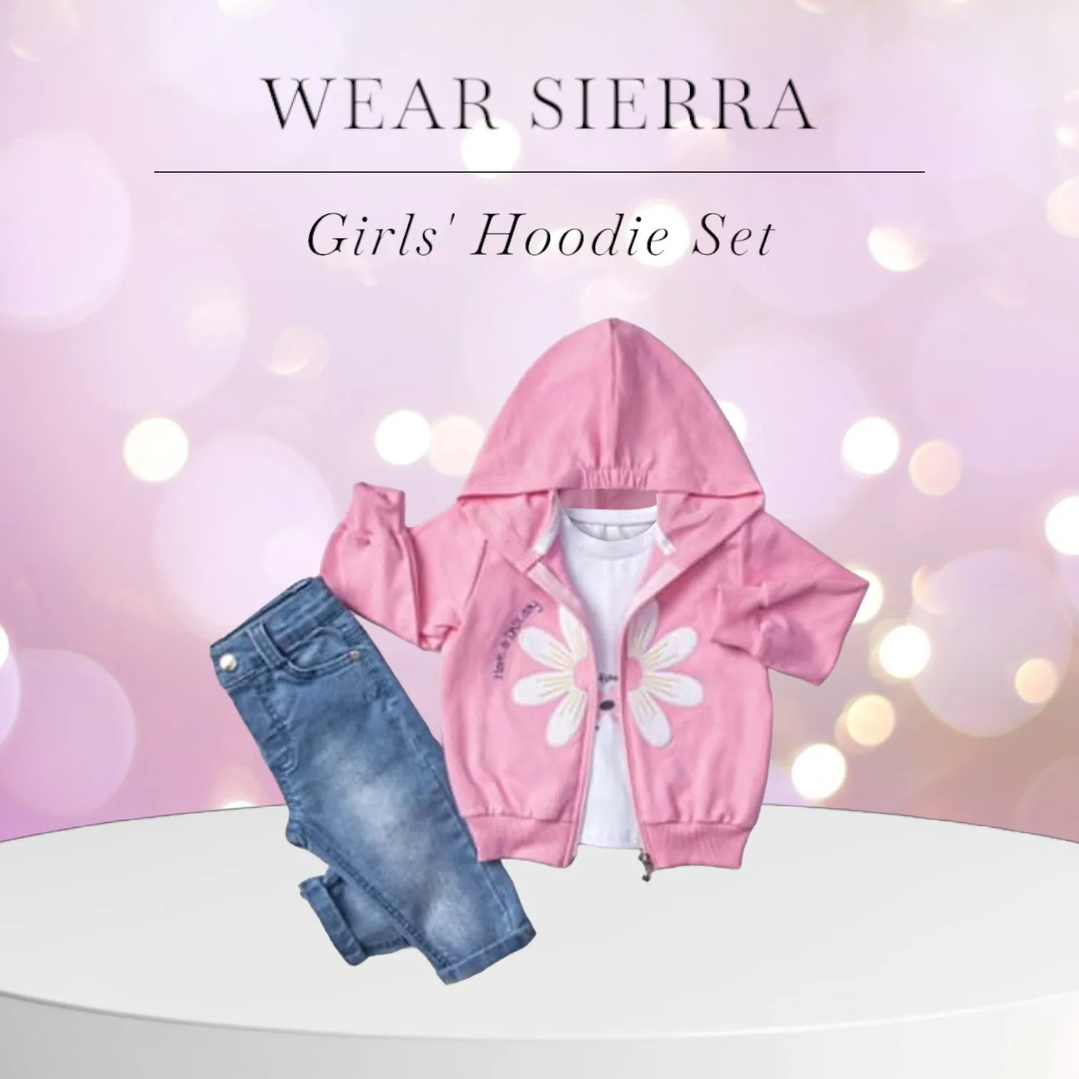 Little Girls' Colorful Hoodie Jacket, Jeans and T-Shirt 3-Piece Set