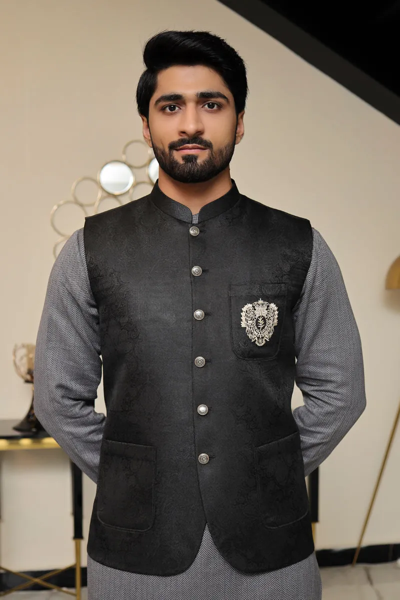 Men Premium Jamawar Waistcoat Black