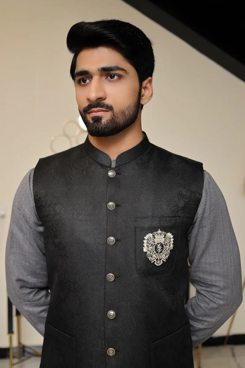 Men Premium Jamawar Waistcoat Black