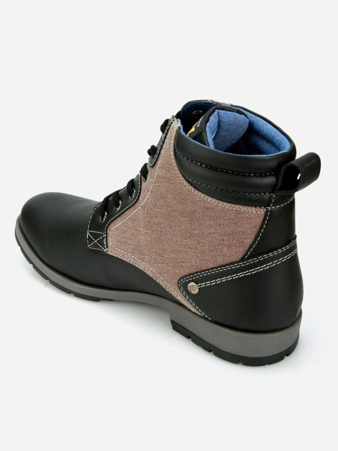 Men's Black Leather Brown Denim Boot (IX1038)