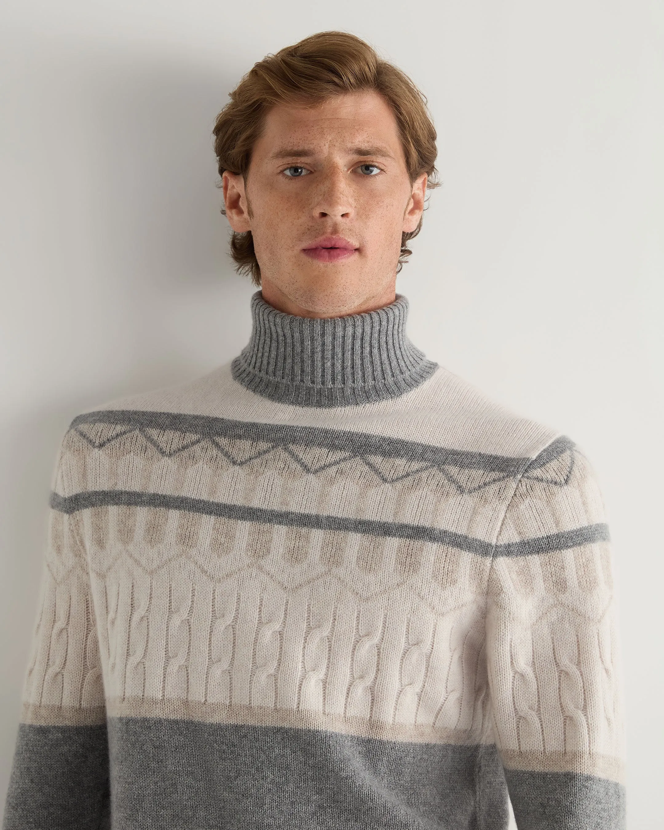 Men's Jacquard Turtle Neck Cashmere Sweater Frost White