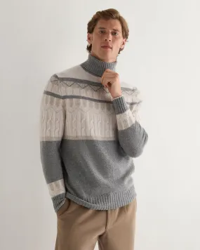 Men's Jacquard Turtle Neck Cashmere Sweater Frost White